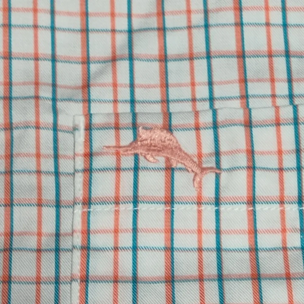 TOMMY BAHAMA ISLAND ZONE Men XL Teal‎ Orange Windowpane Pima Cotton Shirt EUC